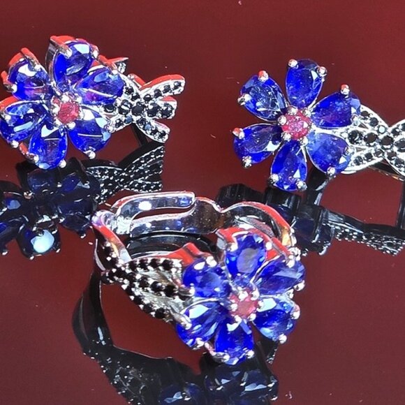 925 Sterling Silver Jewelry Set ( Earrings/ Ring 7.5) with Sapphire & Ruby Gems - Picture 12 of 12